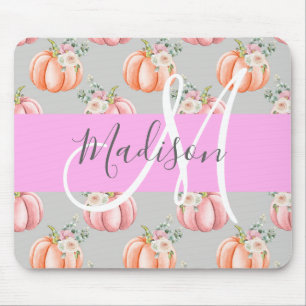 Tapis De Souris Féminin Floral Gris Rose Pêche Citrouille Monogram