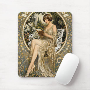 Tapis De Souris Femme Art Nouveau lisant dans un jardin