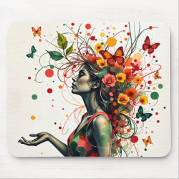 Tapis De Souris Femme aux papillons et fleurs