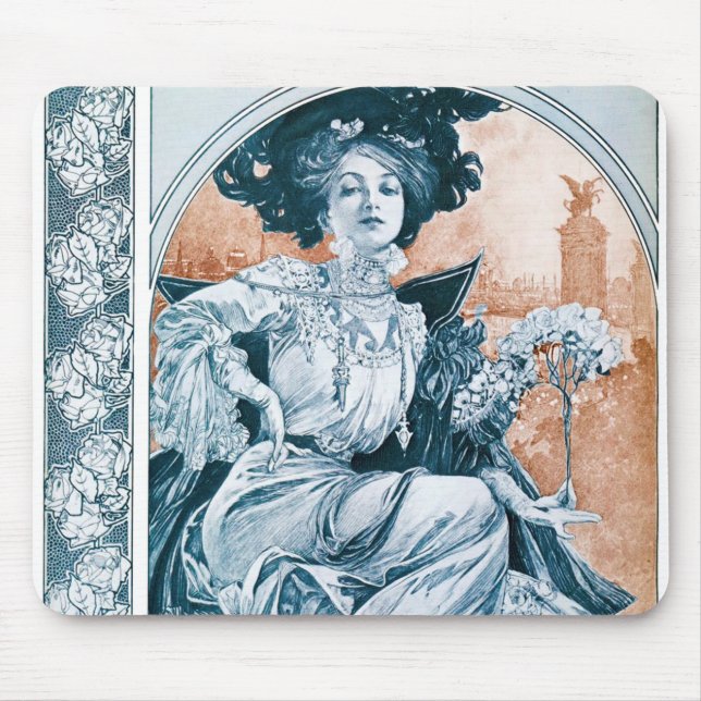 Tapis De Souris Femme avec Rose, Mucha (Devant)