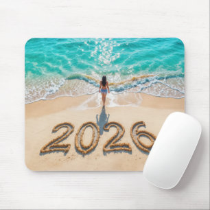 Tapis De Souris Femme marchant sur une plage du Nouvel An 2026
