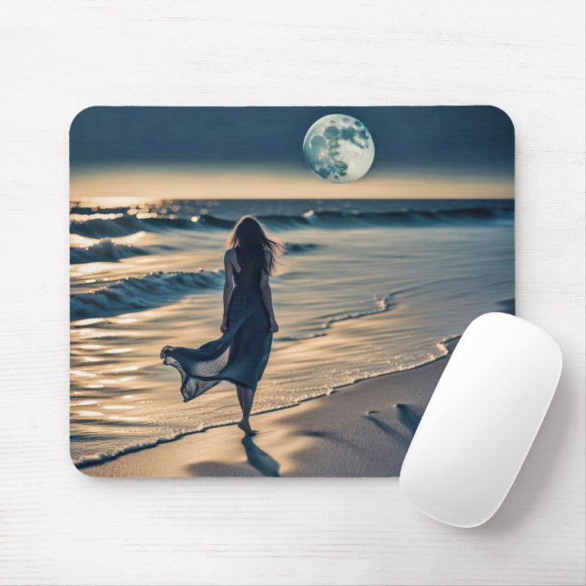 Tapis De Souris Femme Promenade plage de nuit (Avec souris)