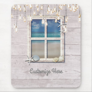 Tapis De Souris Fenêtre de plage tropicale Bois blanc Élégant Chic