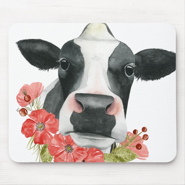 Tapis De Souris Ferme à coquelicots - Vache aux fleurs (Devant)