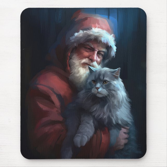 Tapis De Souris Fête du Père Noël du chat bleu russe (Devant)