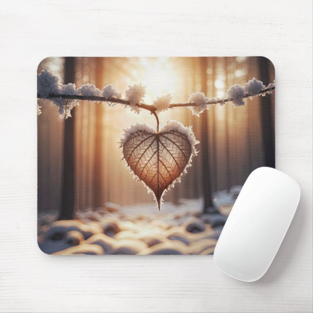 Tapis De Souris Feuille de coeur sur la branche hivernale (Avec souris)
