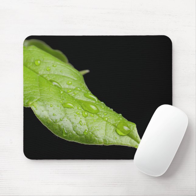 Tapis De Souris Feuille verte et gouttes de pluie Mousepad (Avec souris)