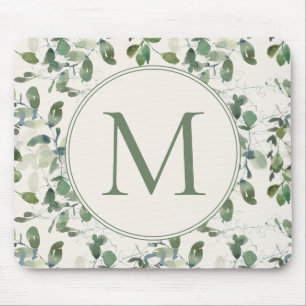 Tapis De Souris Feuilles de Eucalyptus Vert Sauge Crème Monogramme