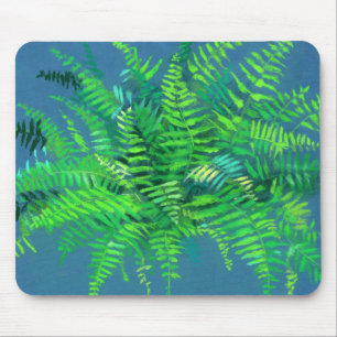 Tapis De Souris Feuilles de fougères, design floral, verdure, bleu