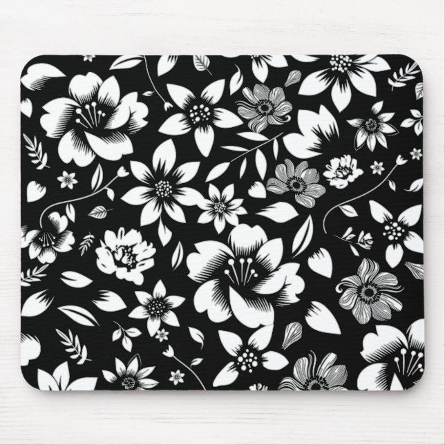Tapis De Souris Feuilles floraux modernes en noir blanc (Devant)