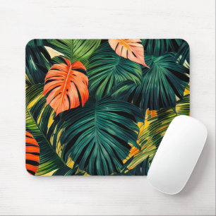 Tapis De Souris Feuilles tropicales colorées et fleurs d'Hibiscus