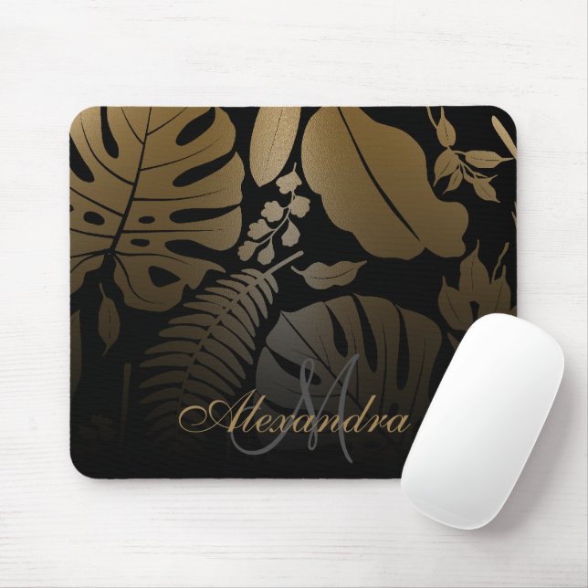 Tapis De Souris Feuilles tropicaux Noir et Or (Avec souris)