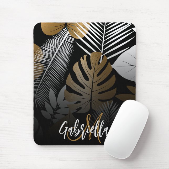 Tapis De Souris Feuilles tropicaux noirs et dorés (Avec souris)
