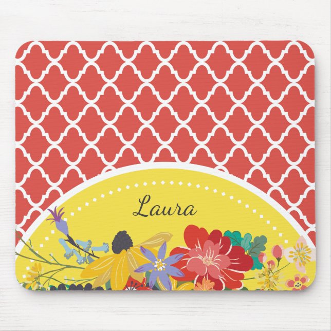Tapis De Souris Fiesta Rouge Floral Quatrefoil d'été avec nom (Devant)