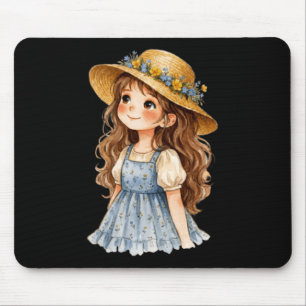 Tapis De Souris Fille au chapeau floral aquarelle - Été fantaisist
