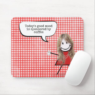 Tapis De Souris Fille Bâton Avec Tasse à Café sur Gingham 