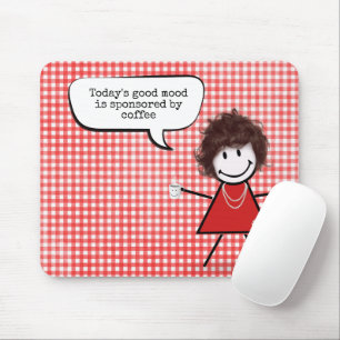 Tapis De Souris Fille Bâton Avec Tasse De Café Sur Gingham