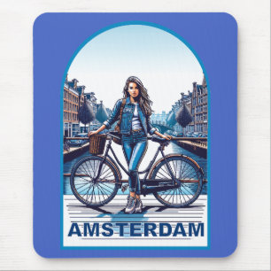 Tapis De Souris Fille d'Amsterdam avec vélo sur un pont