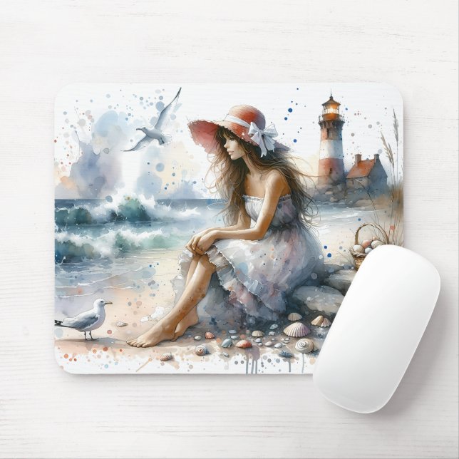 Tapis De Souris Fille d'aquarelle romantique par phare (Avec souris)