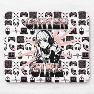 Tapis De Souris Fille de joueur rose, noir et blanc