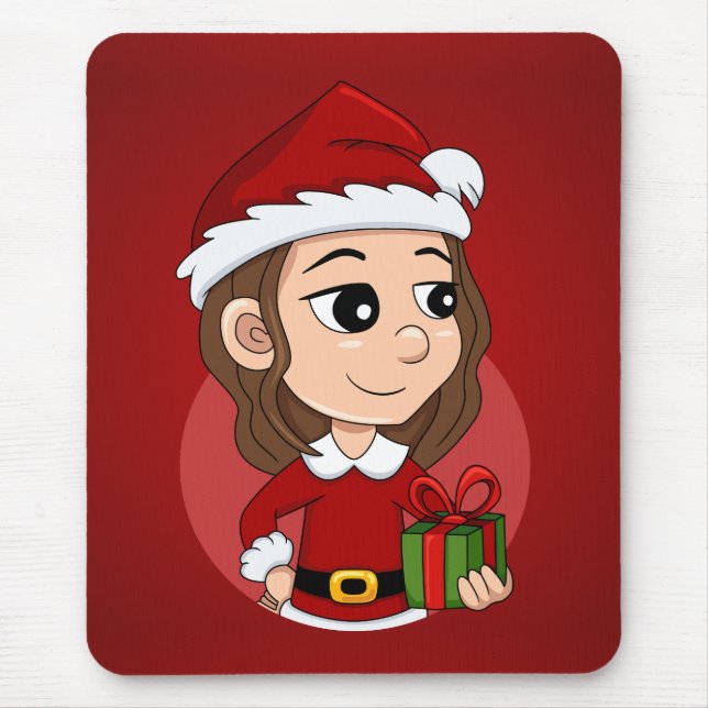 Tapis De Souris Fille de Noël aux cheveux bruns ondulés (Devant)
