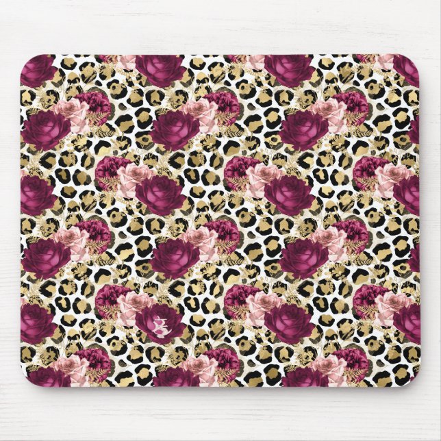 Tapis De Souris Fille Empreinte de léopard Floral rose or (Devant)