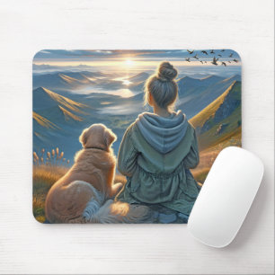 Tapis De Souris Fille et Golden Retriever Lever de soleil