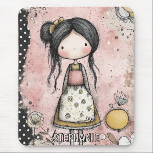 Tapis De Souris Fille Fantaisiste Aquarelle aux Accents Floraux (8