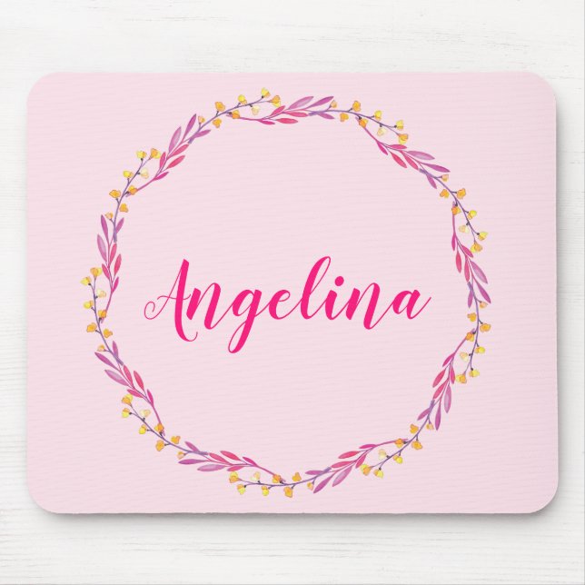 Tapis De Souris Fille Jolie couronne florale rose Nom personnalisé (Devant)