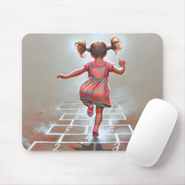 Tapis De Souris Fille jouant Hopscotch (Avec souris)