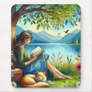 Tapis De Souris Fille lisant un livre sous un arbre avec un chat e