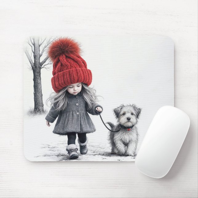 Tapis De Souris Fille Marchant Son Chien (Avec souris)