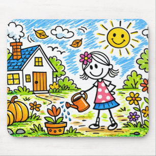 Tapis de souris Fille mignonne arrosant des fleurs