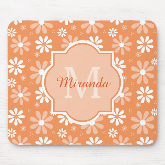 Tapis De Souris Fille Monogramme mignon Orange Daisy Fleurs et nom (Devant)