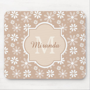 Tapis De Souris Fille Monogramme mignon Tan Daisy Fleurs et nom