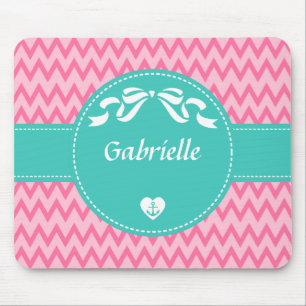 Tapis De Souris Fille Rose Chevron Motif Cute Mint Bow avec nom