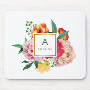 Tapis De Souris Fille TRENDY Aquarelle Fleurs de pivoine Monogramm
