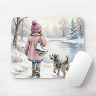 Tapis De Souris Fillette à l'aquarelle avec patins à glace et chie