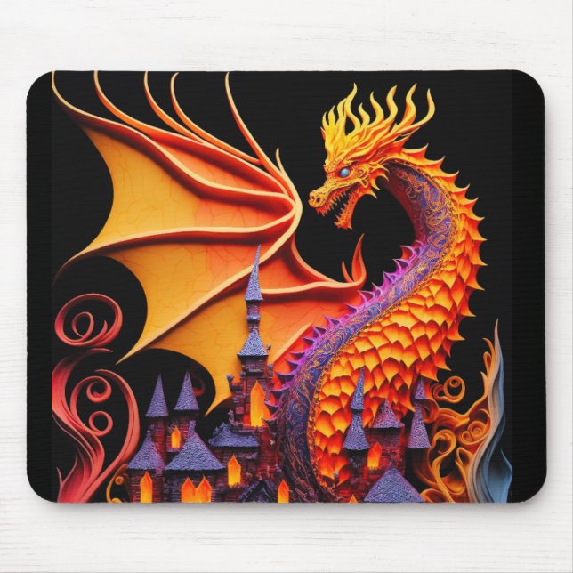 Tapis De Souris Fire Dragon Castle Imaginaire Art Mythique Créatur (Devant)