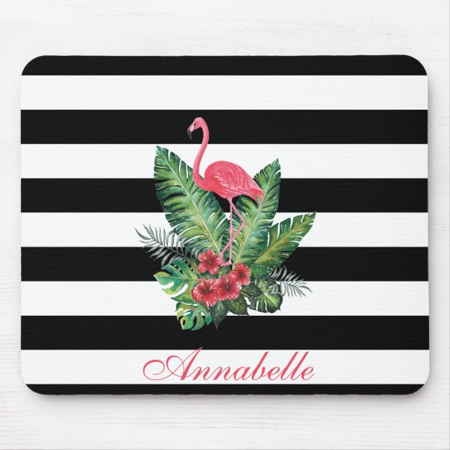 Tapis De Souris Flamant rose d'aquarelle tropicale et bandes de fl (Devant)