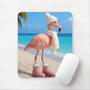 Tapis De Souris Flamant Rose Portant Écharpe et Bottes d'Hiver