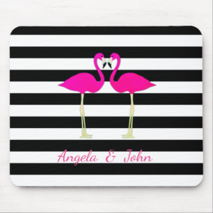 Tapis De Souris Flamants roses personnalisés, rayures noires et bl