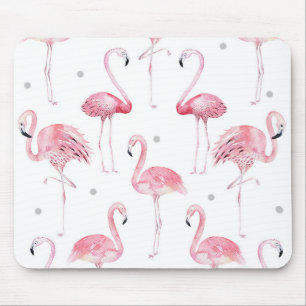Tapis De Souris Flamants roses roses Gris Pois Aquarelle chic