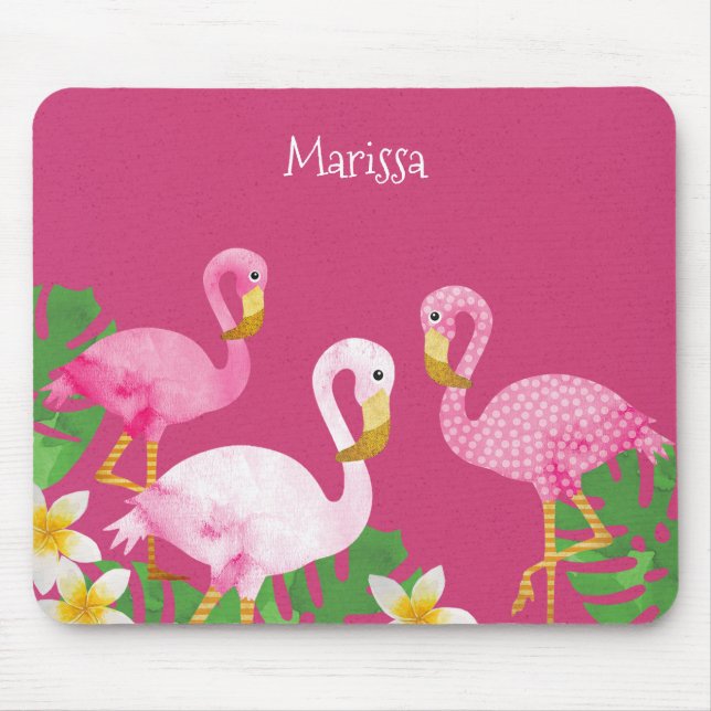 Tapis De Souris Flamants roses roses tropicaux sur le rose (Devant)