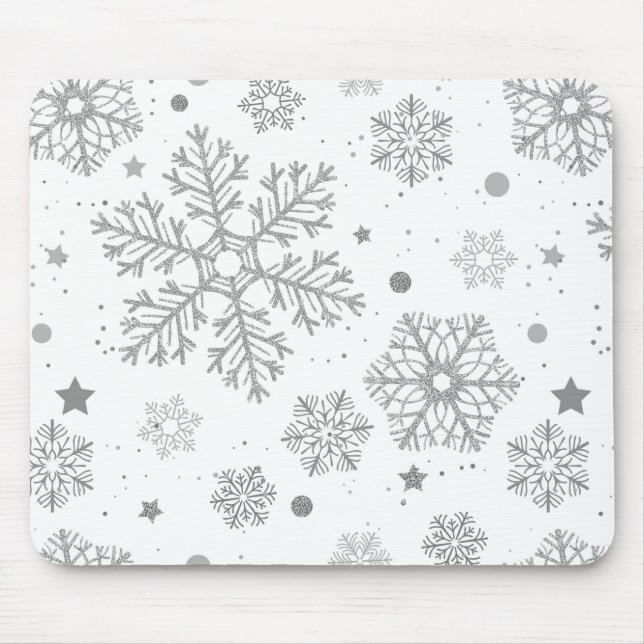Tapis De Souris Flammes de neige en argent sur blanc (Devant)