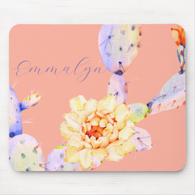 Tapis De Souris Fleur de cactus fleur désert aquarelle pêche viole (Devant)