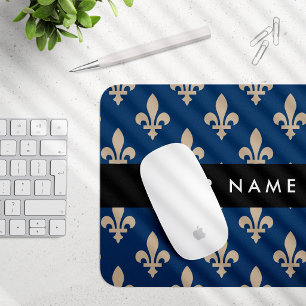 Tapis De Souris Fleur de Lis, Beige sur Bleu Nuit, Royal, Votre No