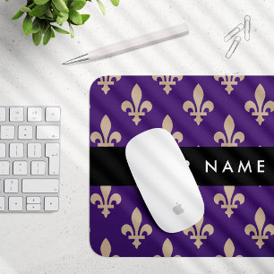 Tapis De Souris Fleur de Lis, Beige sur Violet, Royal, Votre Nom