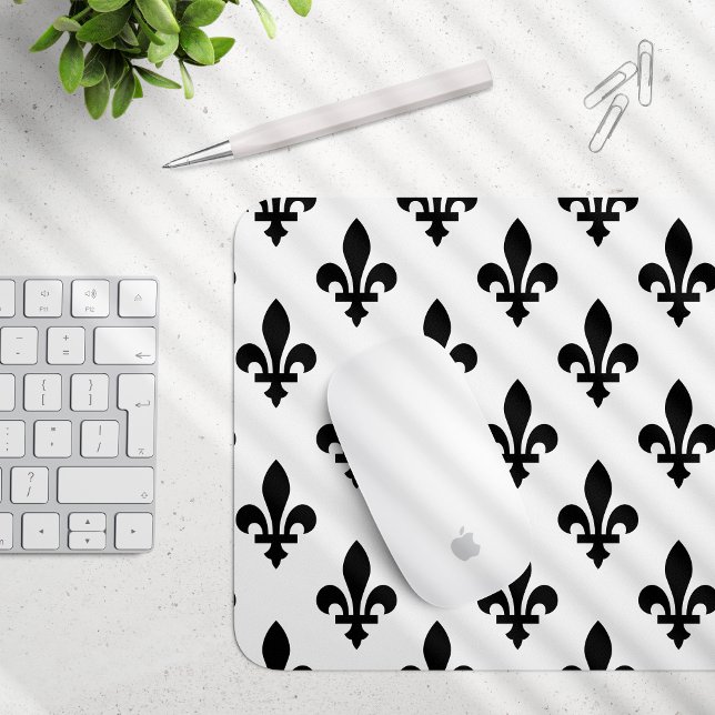 Tapis De Souris Fleur de Lis Motif, Royal French, Noir sur Blanc (Créateur téléchargé)