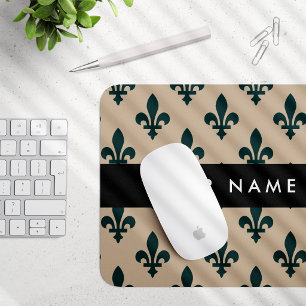 Tapis De Souris Fleur de Lis, Vert sur Beige, Royal, Votre Nom